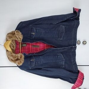Eddie Bauer Denim/ Jean jacket Fur collar Flannel lined Pink Plaid Modern Sz.XL